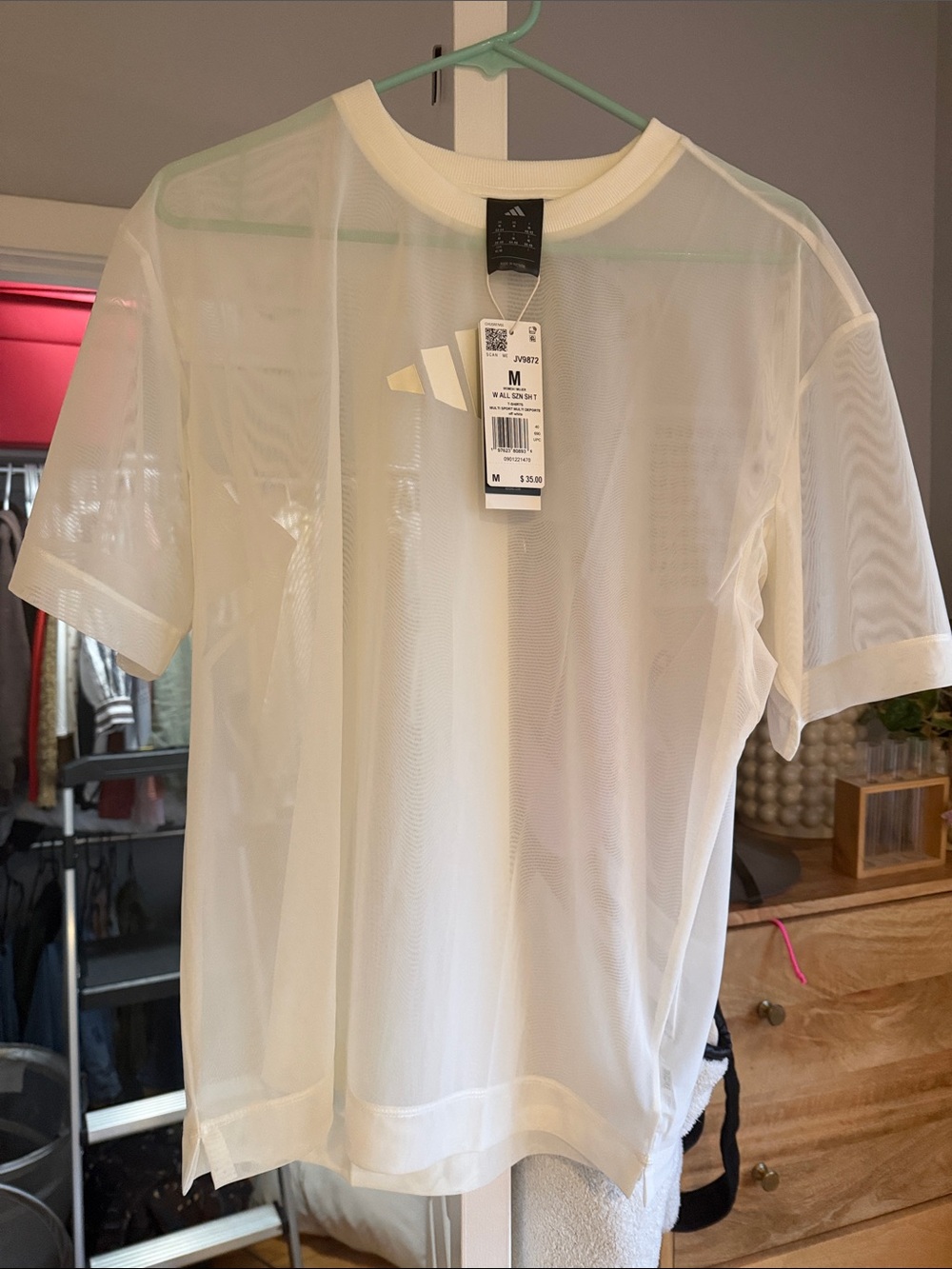 adidas Woman’s White Sheer Mesh Short Sleeve Tee medium